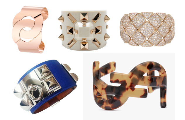 Cuff Dinh Van R40 or rose © Dinh Van Cuff - Collector défilé 2012 - Louis Vuitton © Louis Vuitton Cuff-CHANEL Collection Signature © Chanel Cuff bracelet - Collier de Chien – Hermès © Hermès Cuff MONOGRAMME SAINT LAURENT © YSL