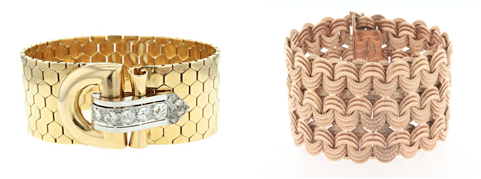 Vintage articulated 1930s cuff bracelet in yellow gold and white gold © Collector Square. Bracelet in 18ct, vintage, 30/40s years © Gioielleria Manzoni 214.