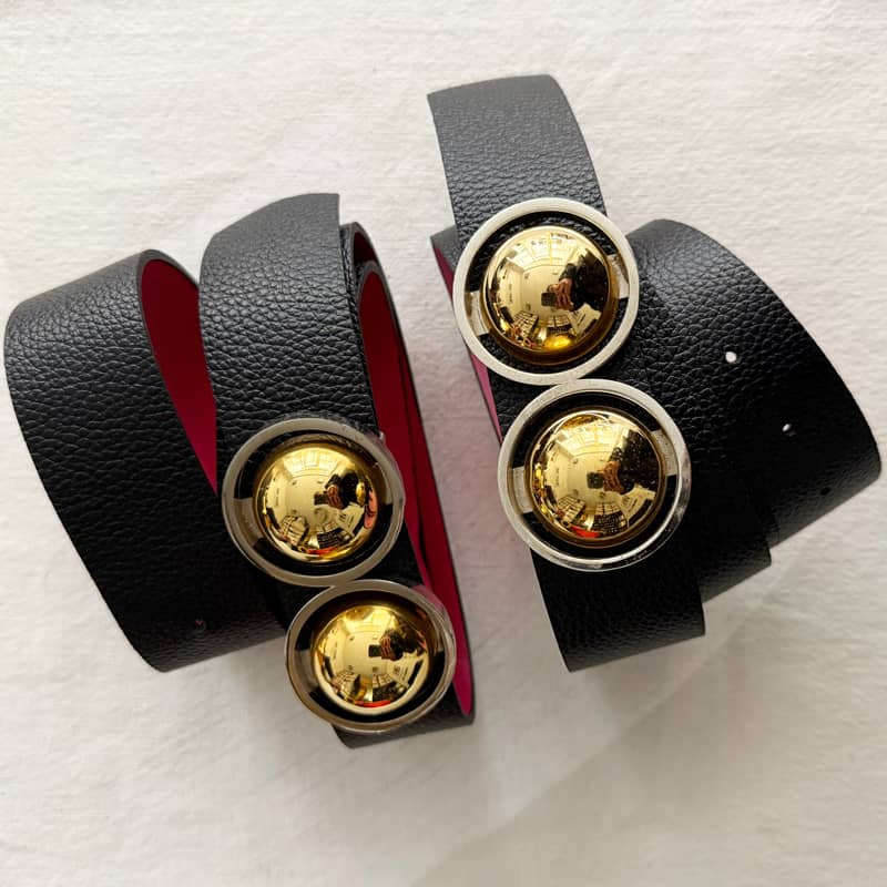 Ceinture Vintage En Cuir Gris Et Boucle Métal Doré - Taille 80, Occasion Très Bon état