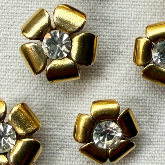 Bouton Bijou Strass Fleur Métal Doré 70s 12-15-18mm