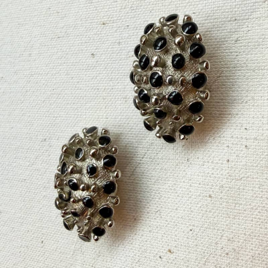 Silver-Tone Black Sea Urchin Oval Jewel Button 27mm