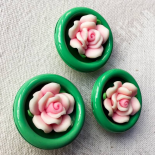 Beautiful Jewel Button Pink & Jade Green Flower 30mm