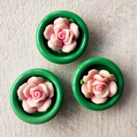 Beautiful Jewel Button Pink & Jade Green Flower 30mm